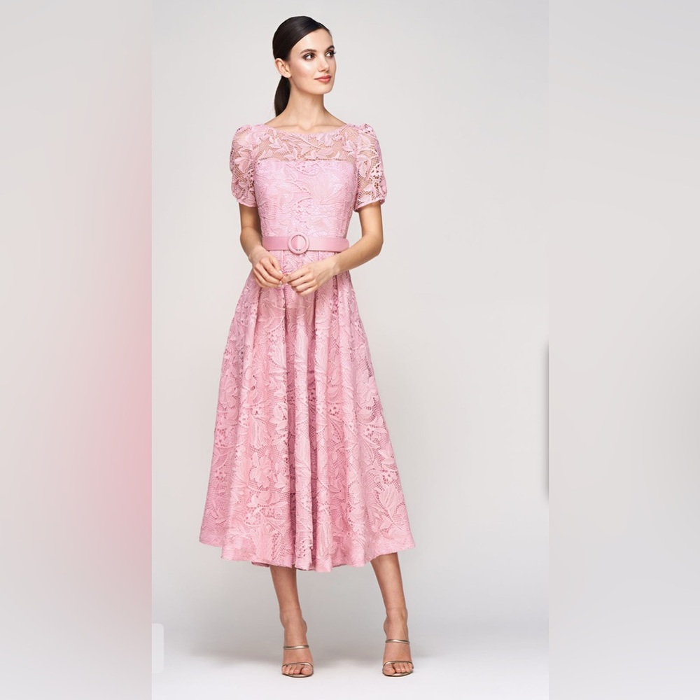 Kay Unger Haisley Belted Lace Cocktail Dress, Pink Mauve, size 12
